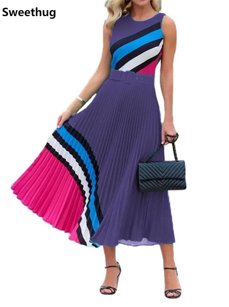 Женское платье без рукавов элегантное плиссированное с геометрическим принтом и