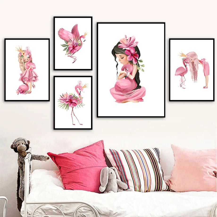 Декор для комнаты девочки Постер в скандинавском стиле розовые фламинго цветы