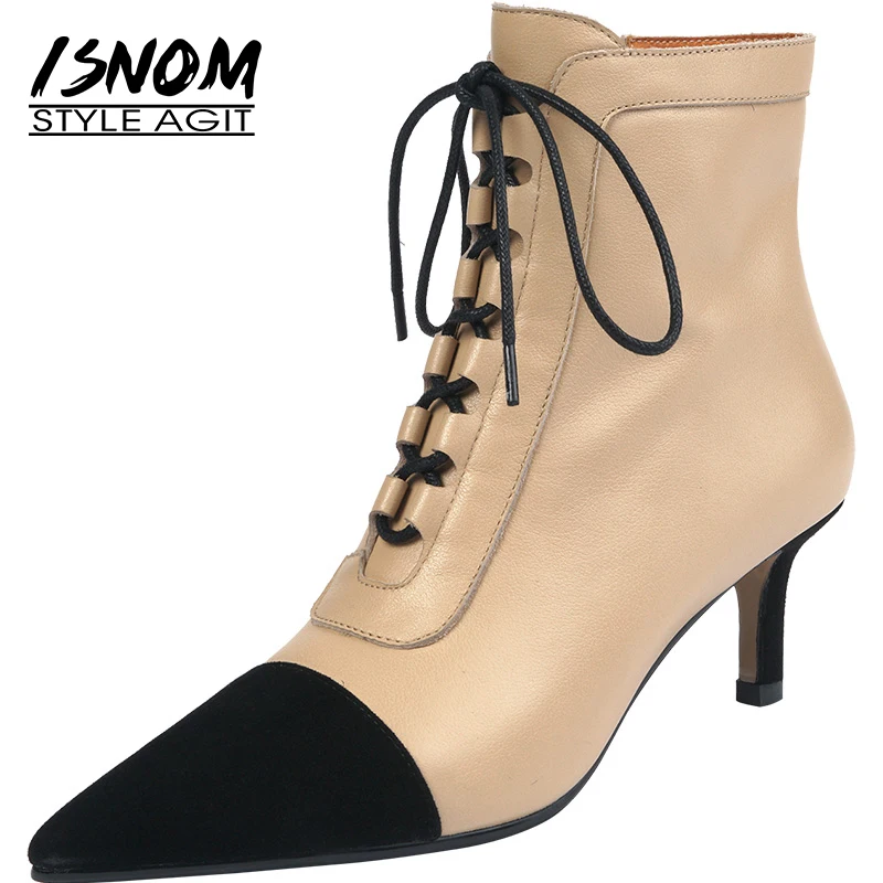 

Женские ботильоны ISNOM из натуральной кожи с острым носком, модные элегантные ботинки со шнуровкой на среднем тонком каблуке