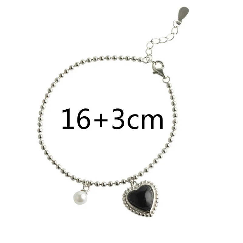 

Retro Bead Chain Black Stone Love Heart Bracelet For Women 925 Sterling Silver Female 2021 Trend Vintage Jewelry