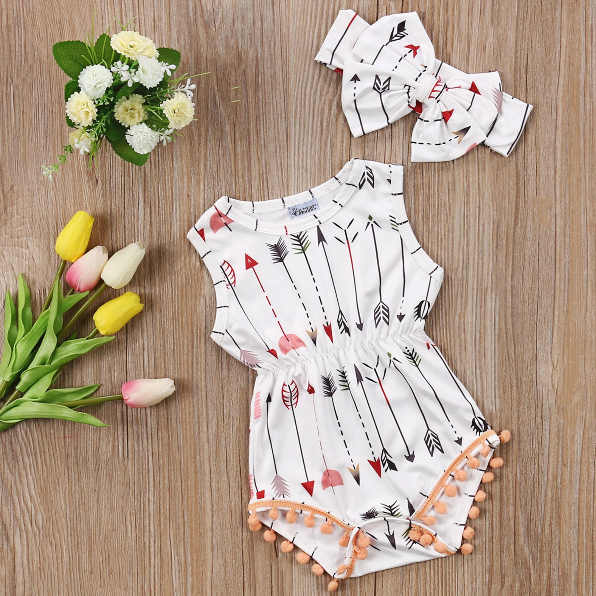 

Summer Baby Girls Boys Bodysuit Newborn Cotton Arrow Sleeveless Bodysuit +Headband 2pcs Jumpsuit Outfit Clothes 0-24M