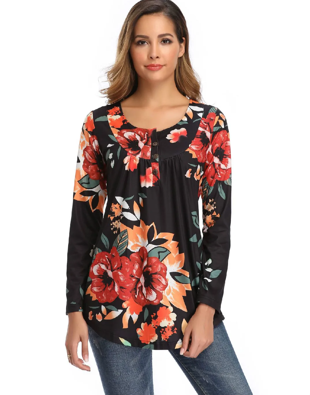 

2020 Ladies Fall/Winter V-neck Button Long Sleeve T-Shirt Loose Sexy Printed Tops Women's Plus Size Casual Printed T-Shirts