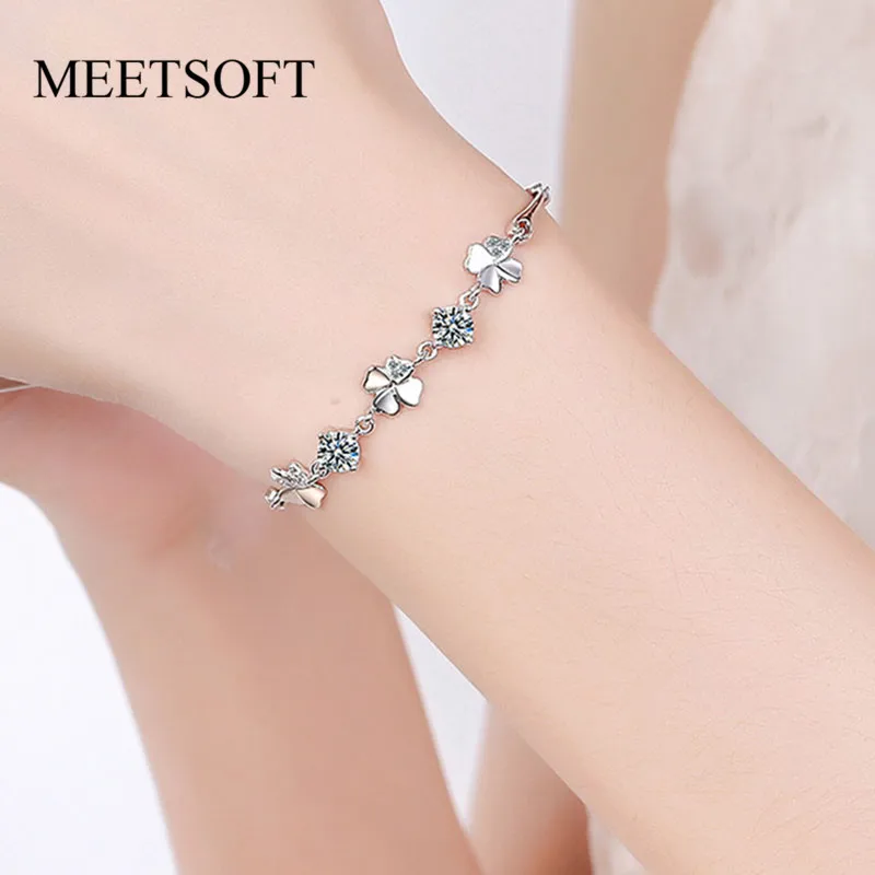 Женские браслеты с кристаллами MEETSOFT модные серебристые маленьким клевером