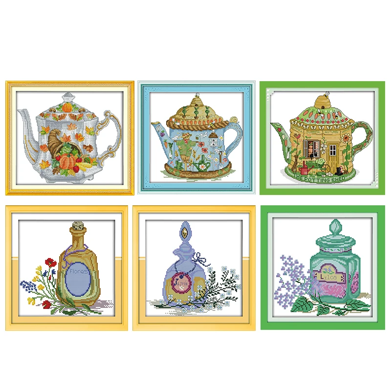 

Stamped Cross Stitch Joy Sunday Teapot & Wine Bottle Patterns 14CT 11CT Print Counted Handmade Embroidery Needlework Accessories