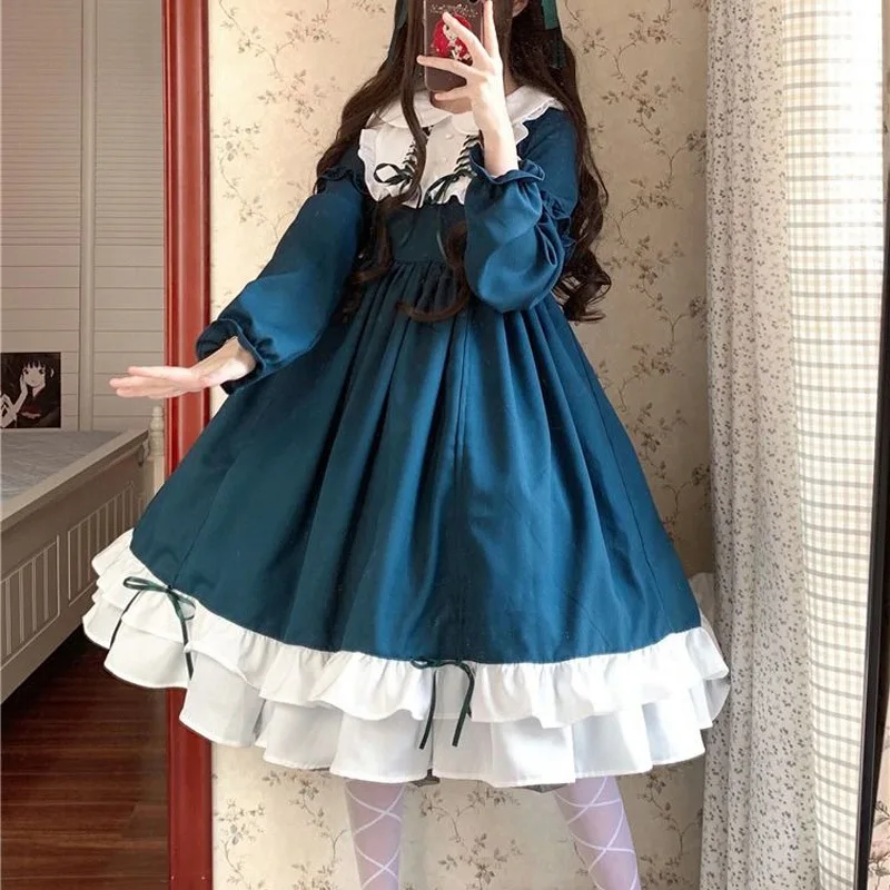 Милое Платье Лолиты винтажное кружевное платье с бантом высокой талией для