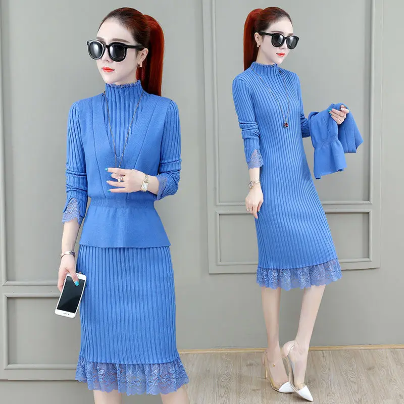 

Женские однотонные трикотажные костюмы с круглым вырезом, женские длинные темпераментные приталенные плиссированные платья-свитера, женс...