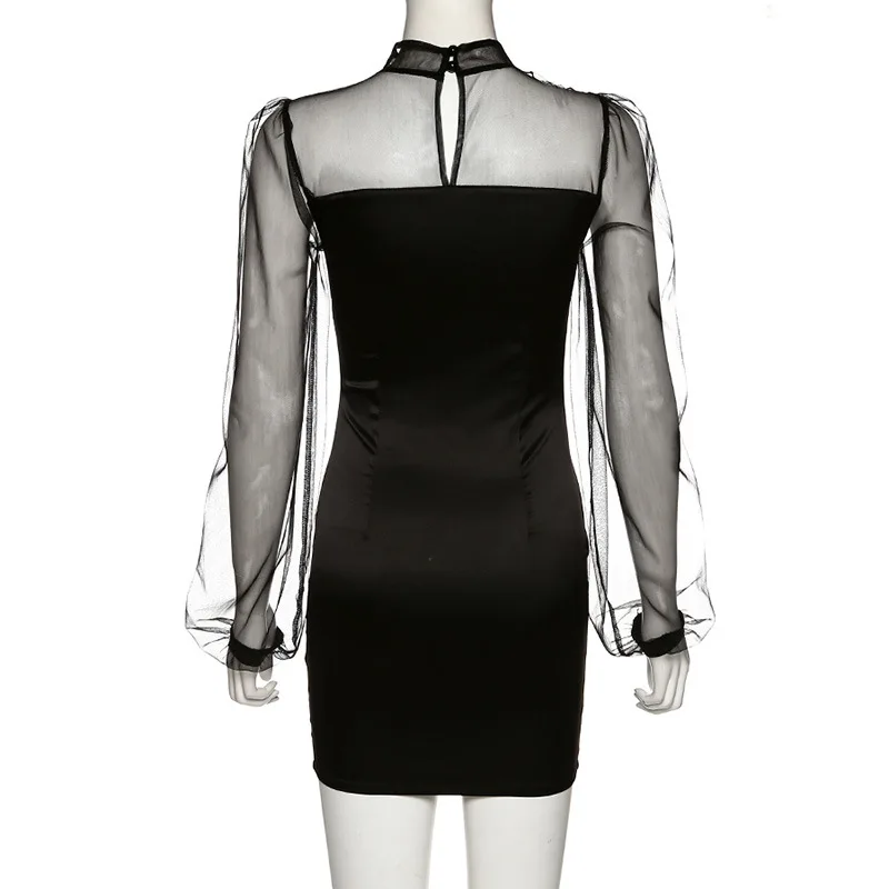 MONMOIRA Сетчатое лоскутное платье-футляр с пышными рукавами женское осеннее