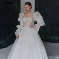 fivsole long sweetheart bling glitter wedding dresses spaghetti staps puff sleeves bridal gowns elegant a line boho robe mariage