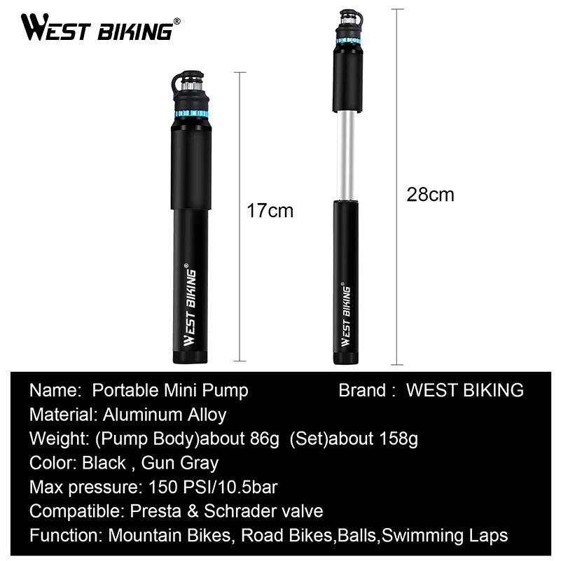 

WEST BIKING Portable Mini Bike Pump Hose Pocket Pump Presta & Schrader Valve Bike Accessories 150 PSI High Pressure Bicycle Pump