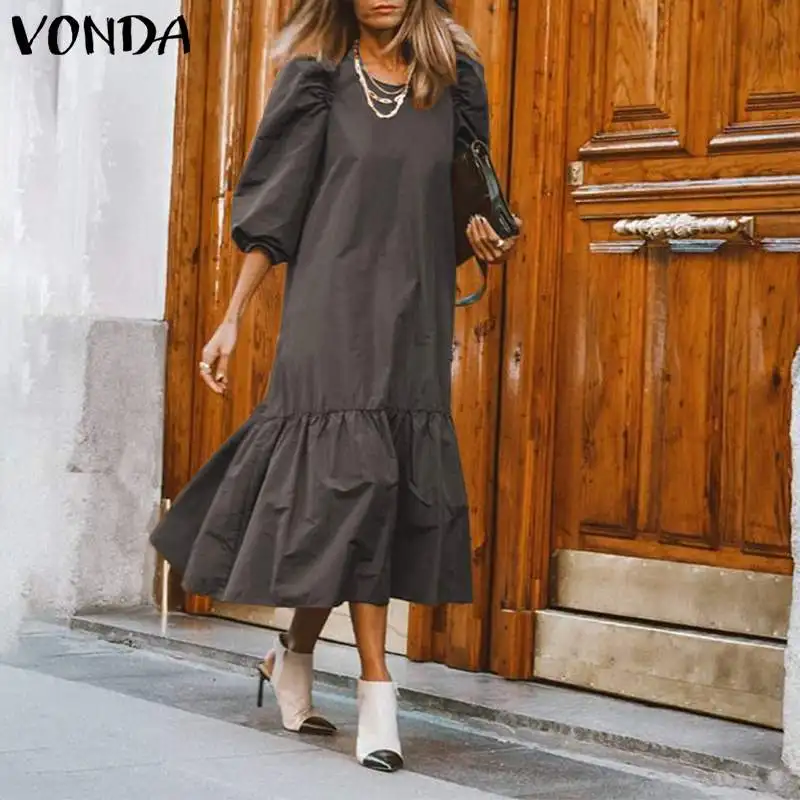 VONDA Повседневное платье сексуальное с круглым вырезом 3/4 рукав-фонарик макси