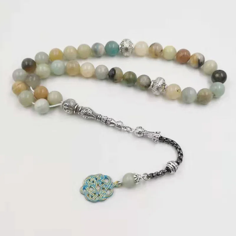 Tasbih Природный Амазонит камень синий металл кисточка 33 66 99 молитвенные бусы