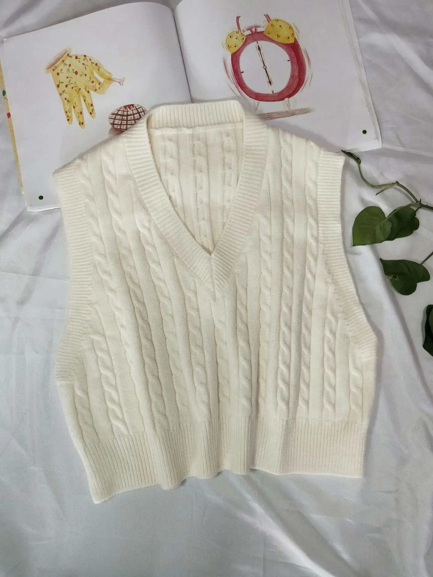 White Vest Сделанный из пряжи Для женщин пуловер без рукавов, Осень-зима, корейский стиль Винтаж v-образный вырез короткий вязаный шерстяной свитер, жилет зеленого T380 - Цвет: White Vest
