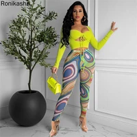 ronikasha women sexy hollow out two piece set bandage design mesh pants matching sets cropped top skinny pants clubwear