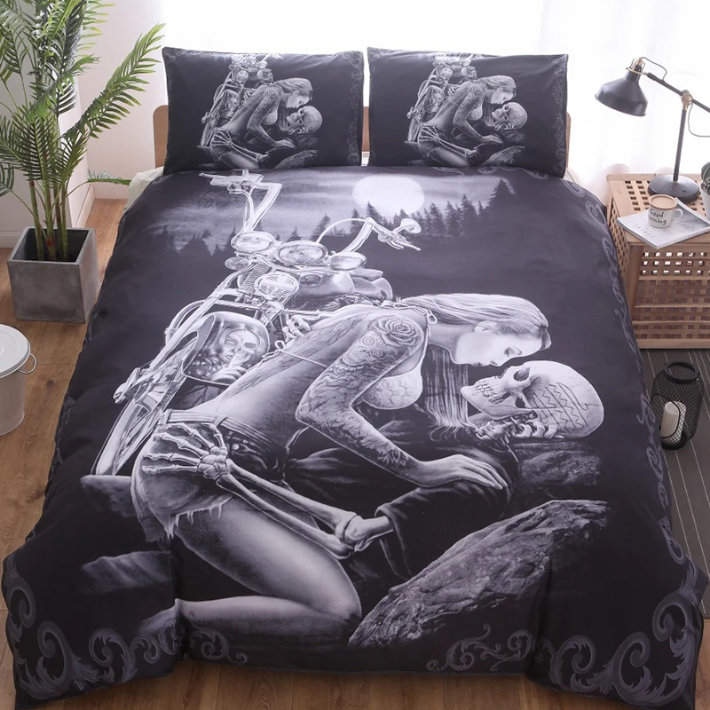 3D Роза Череп пододеяльник мотоцикл красота печатных постельных принадлежностей