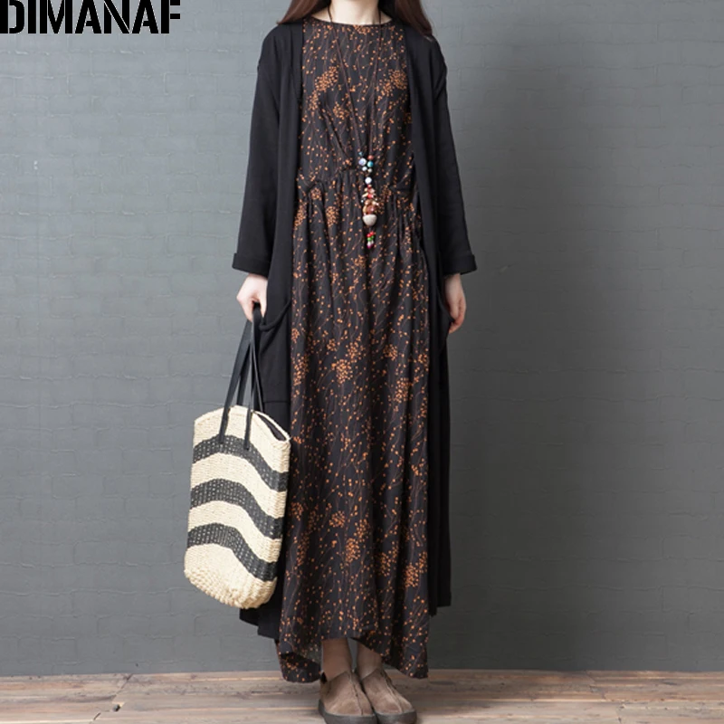 DIMANAF женское платье большого размера с длинным рукавом 2019 осеннее винтажное