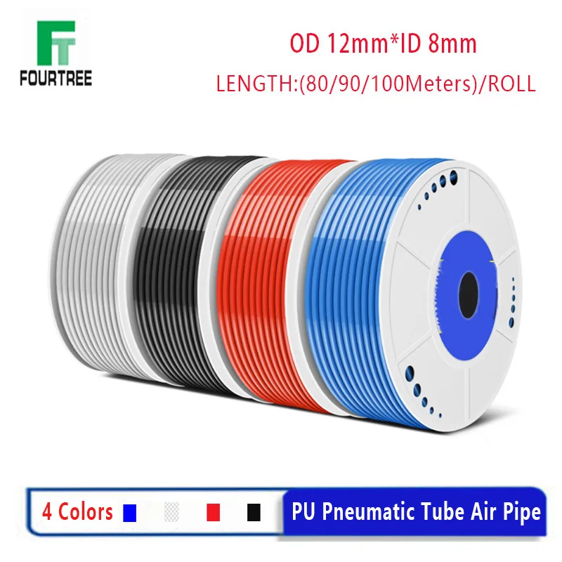 

80/90/100 Meters Roll OD12mm*ID8mm Pneumatic PU Hose Black Transport Red Blue Air Tube Component Pipe for Compressor