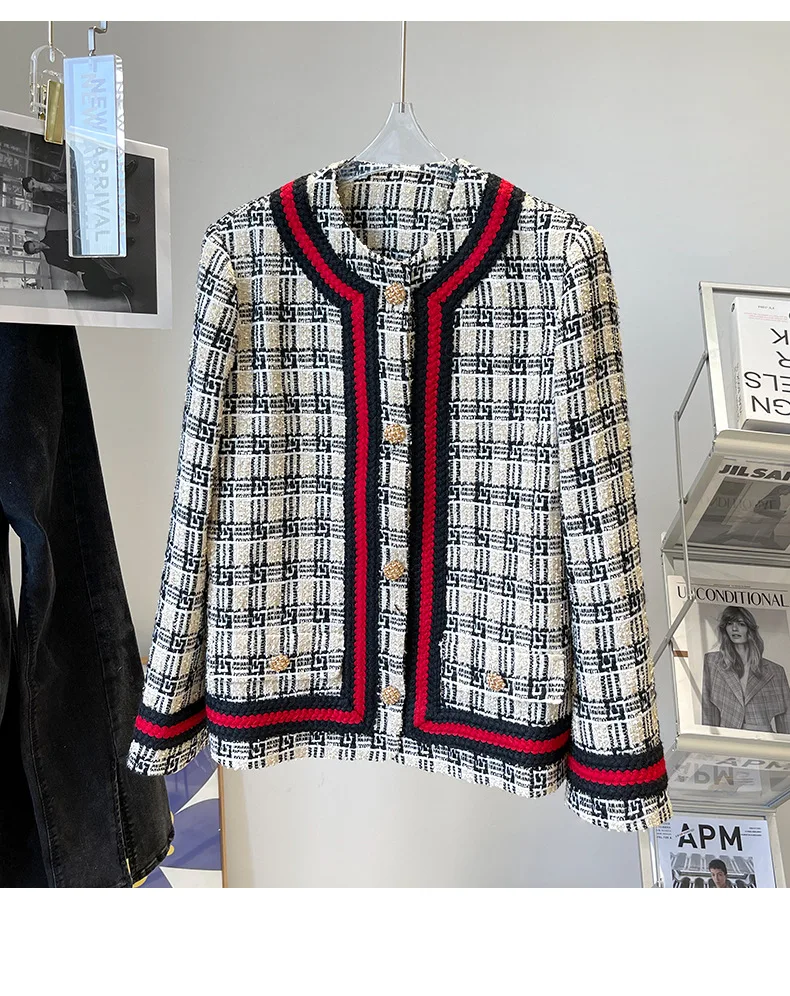 Женская твидовая куртка с люрексом шерстяное однобортное пальто контрастной