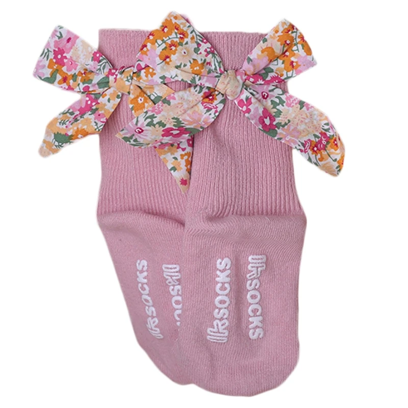 

Infant Baby Girls Cotton Crew Socks Floral Bowknot Ribbed Non-Skid Stockings