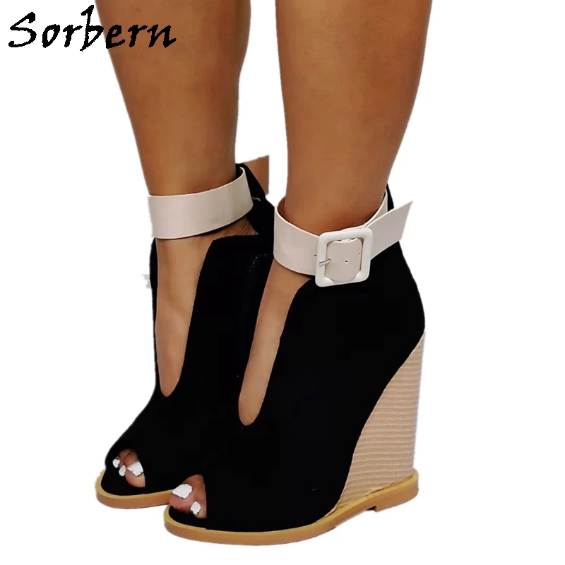 

Sorbern Women Black Wedges Pumps Open Toe Comfortable High Heel Daily Footwear Straps Black Heels Custom Colors Materials