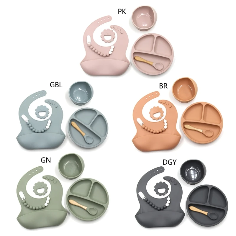 

6 Pcs Baby Silicone Bib Divided Dinner Plate Sucker Bowl Spoon Pacifier Chain Teether Ring Set Training Dinnerware