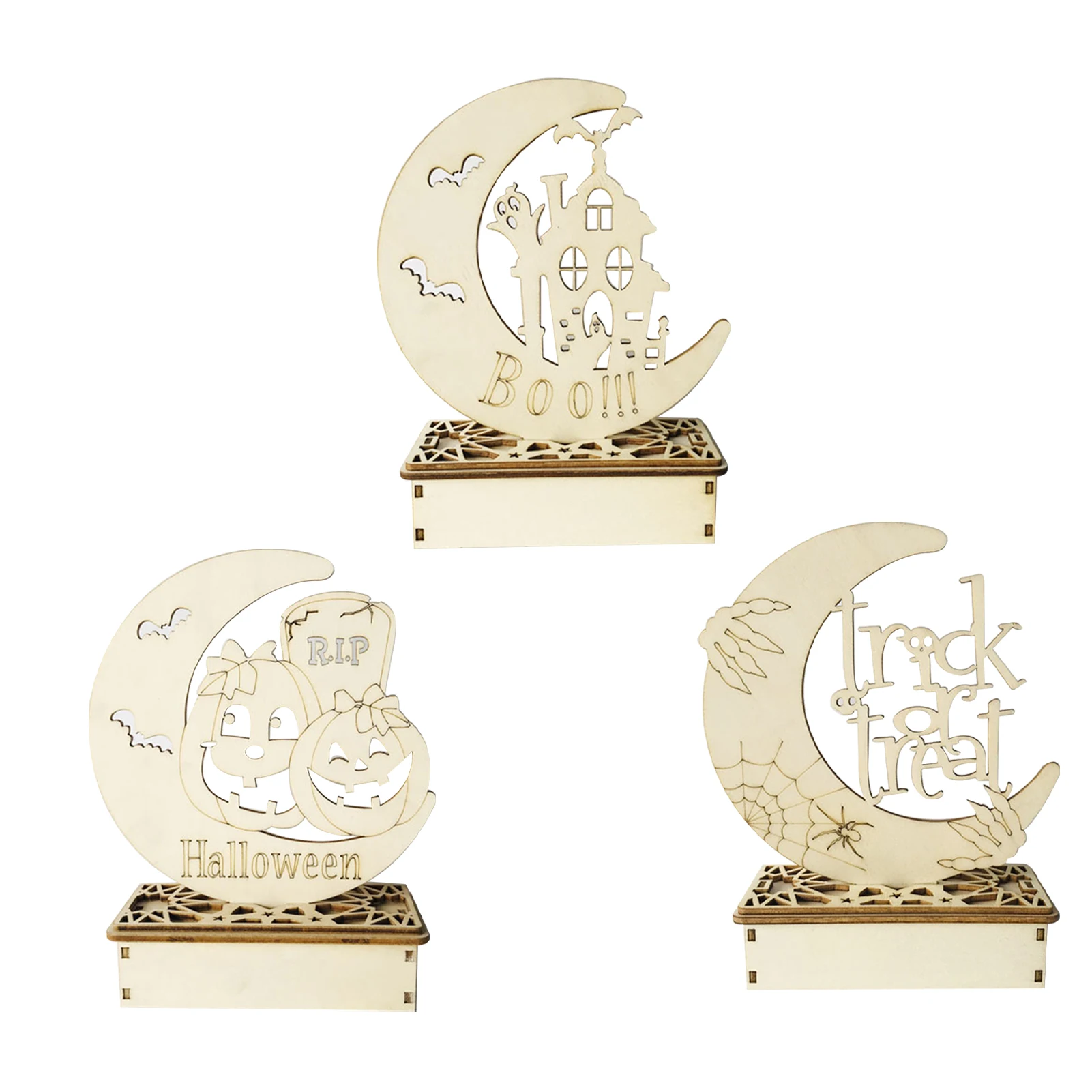 Halloween Wooden DIY Moon Candle Light Ornaments Party Atmosphere Decoration LED Pony Lantern Method | Дом и сад