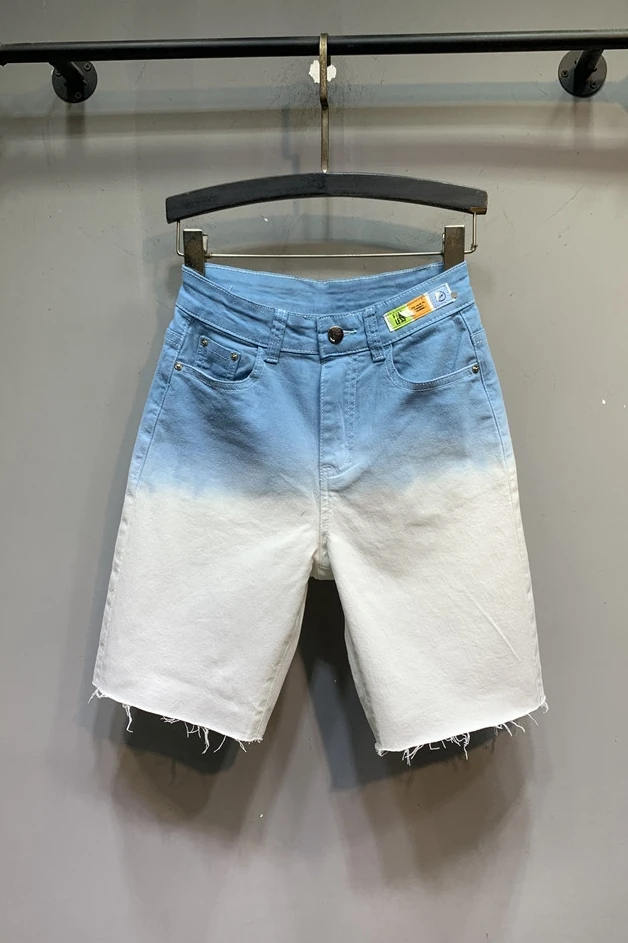 

Cool Contrast Color Cropped Denim Shorts European Products Women's Clothes 2021 Summer New High Waist Loose and Slimming