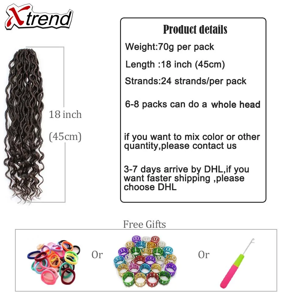 Xtrend, вязанные крючком волосы, синтетические косички, faux locs Curly Crotchet, волосы для наращивания, Meche DREAD, 18 дюймов, богиня, от 1 до 10 упаковок