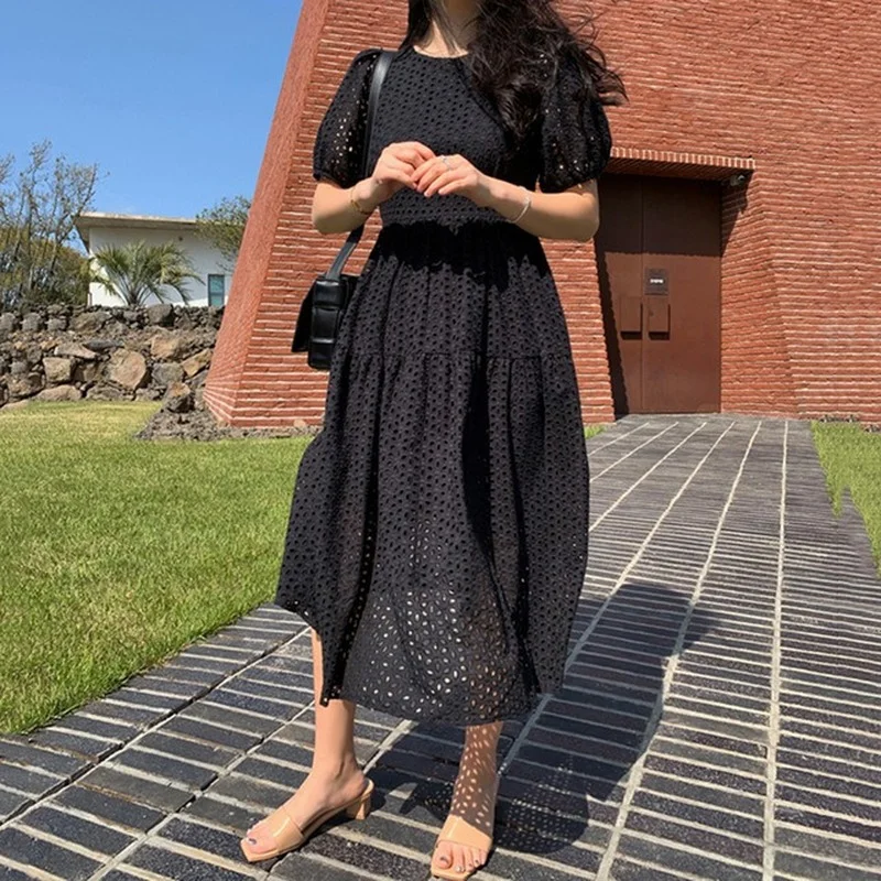 

Fashion Vintage Women Lace Maxi Dress Casual Loose Solid Chic Korean Dresses Female Sweet Elegant Vestidos Summer Flower New