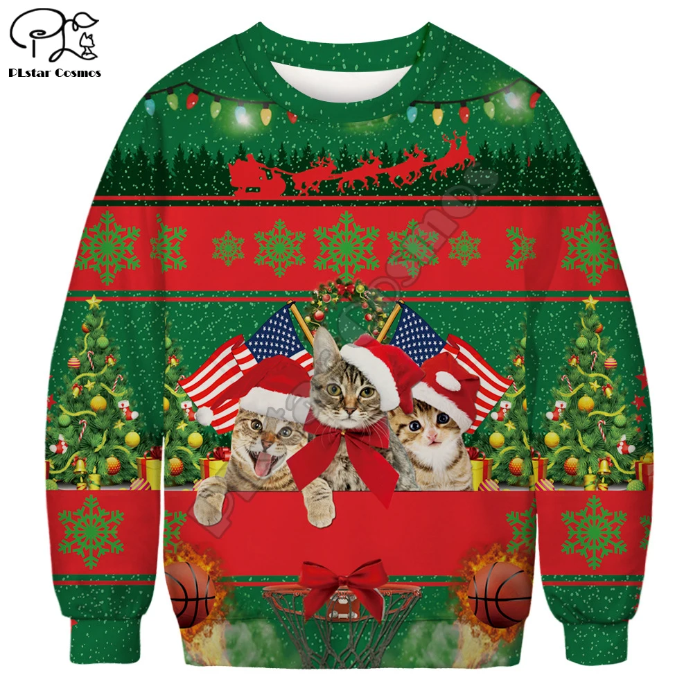 

New cat/dog/Dinosaurier Christmas Sweater Santa Claus Printed Funny Sweatshirt Men Women Sweater Christmas loose Novelty Tops 01