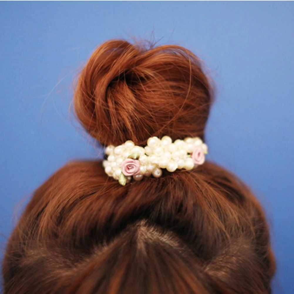 

New Fashion Rope Scrunchie Ponytail Holder White Black Champange Faux Pearl Beads Elastic Hair Bands Hair Accessories for Women