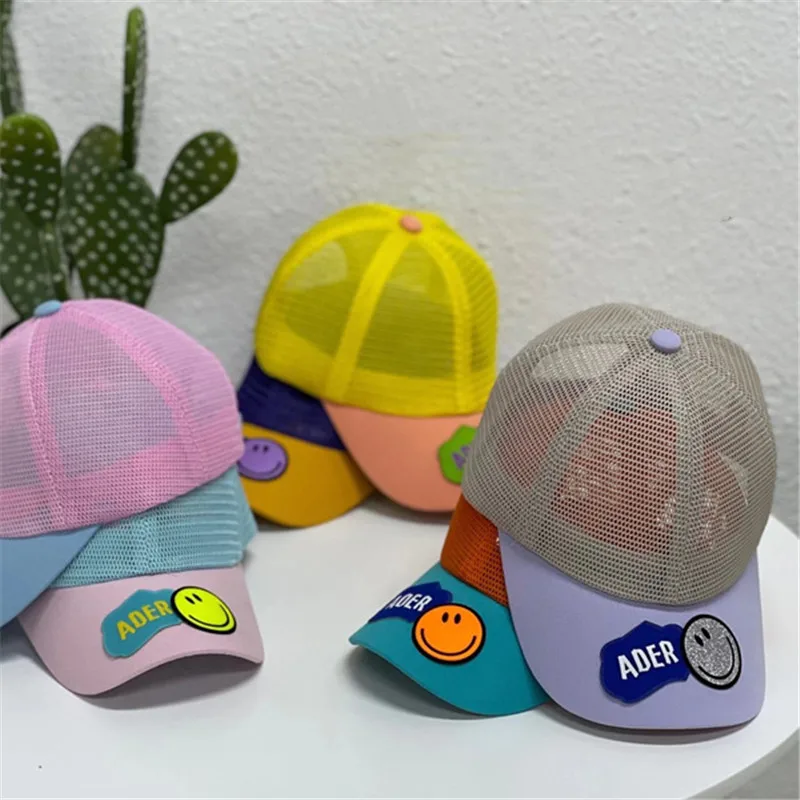 

New Spring And Summer Mesh Caps For Men And Women Children Candy Color Assembled Cute Smiley Mesh Breathable Baseball Hat