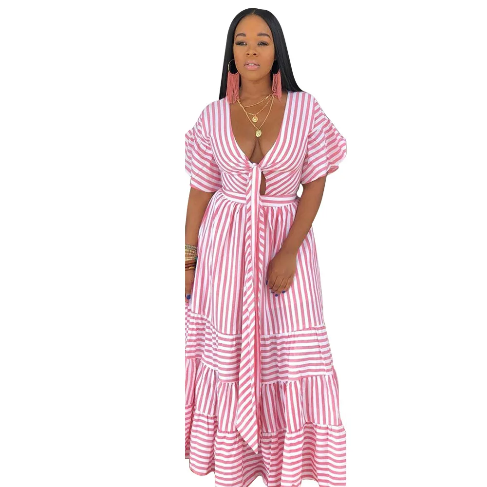 Женское Свободное длинное платье в полоску повседневное Пляжное Платье макси с v