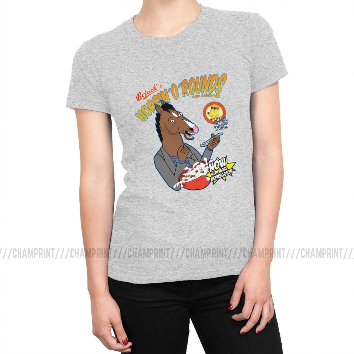 Женские футболки Bojack's cereal, Забавные футболки Bojack Horseman с рисунками из мультфильмов, модные хлопковые футболки, топ, базовая Женская одежда с графическим принтом - Цвет: Серый