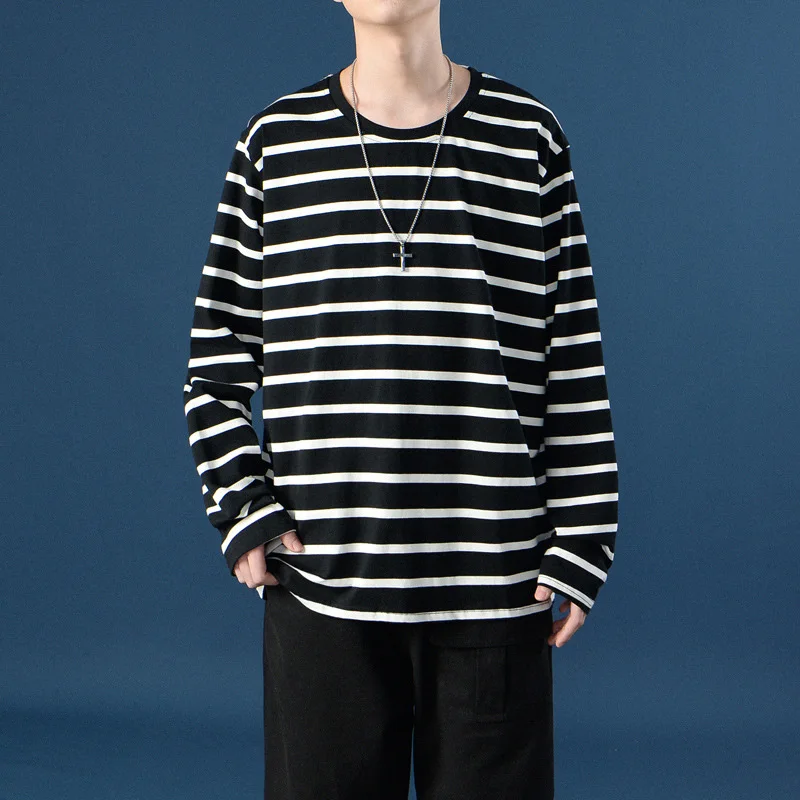 Новинка Осень 2021 свободная полосатая Мужская футболка с длинным рукавом тонкая