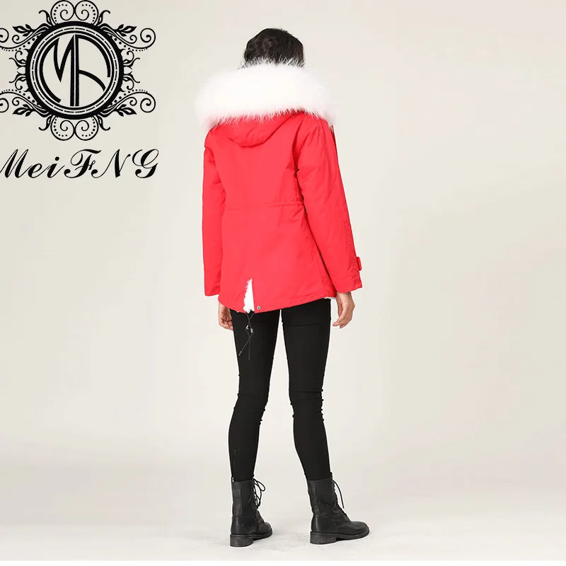 Original  Brand Bright Red Short Parka Shell Women Pure White Furs Lined Warm Jacket