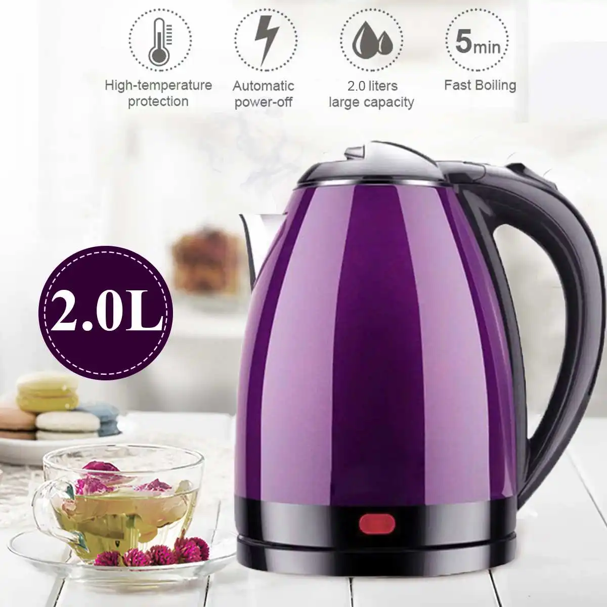 Purple 2Л двухслойная Нержавеющая сталь 220 в 1500 Вт мощность 360 градусов вращения база перегрева выключения электрические чайники - Цвет: Purple