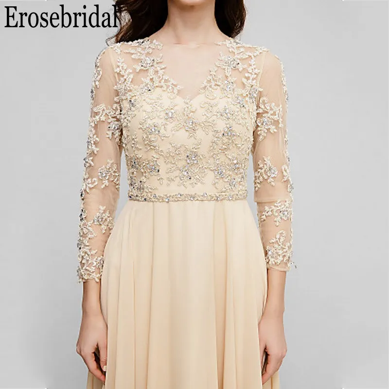 Женское вечернее платье с длинным рукавом Erosebridal длинное шифоновое цвета шампань