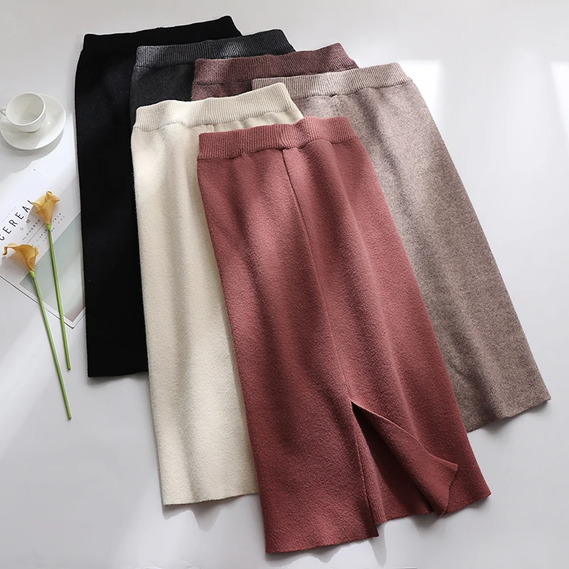 Skirts Womens Autumn Knitting Cotton Women Korean Skirt Straight Knit Long High Waist Bodycon Winter Split OL |