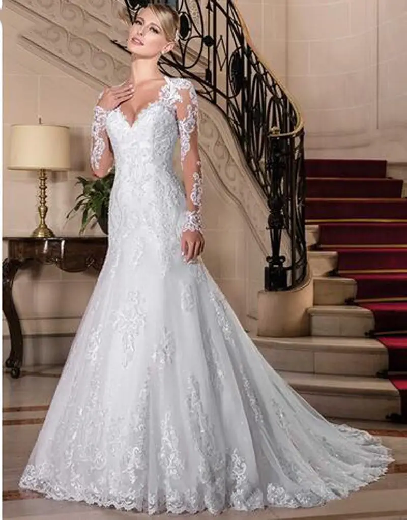 Sexy Illusion Back Long sleeve Lace Mermaid Wedding Dress 2021 Europe New Pearls Beading Appliques White Bridal Gowns Vestidos bridesmaid