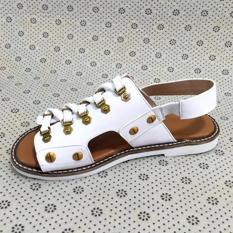 

VANKARING new women sandals genuine leather flat with punk style rivets gladiator summer sandals black shoes woman casual shoes