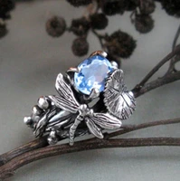 creative new thai silver ring european and american retro inlaid topaz ring dragonfly shape ring