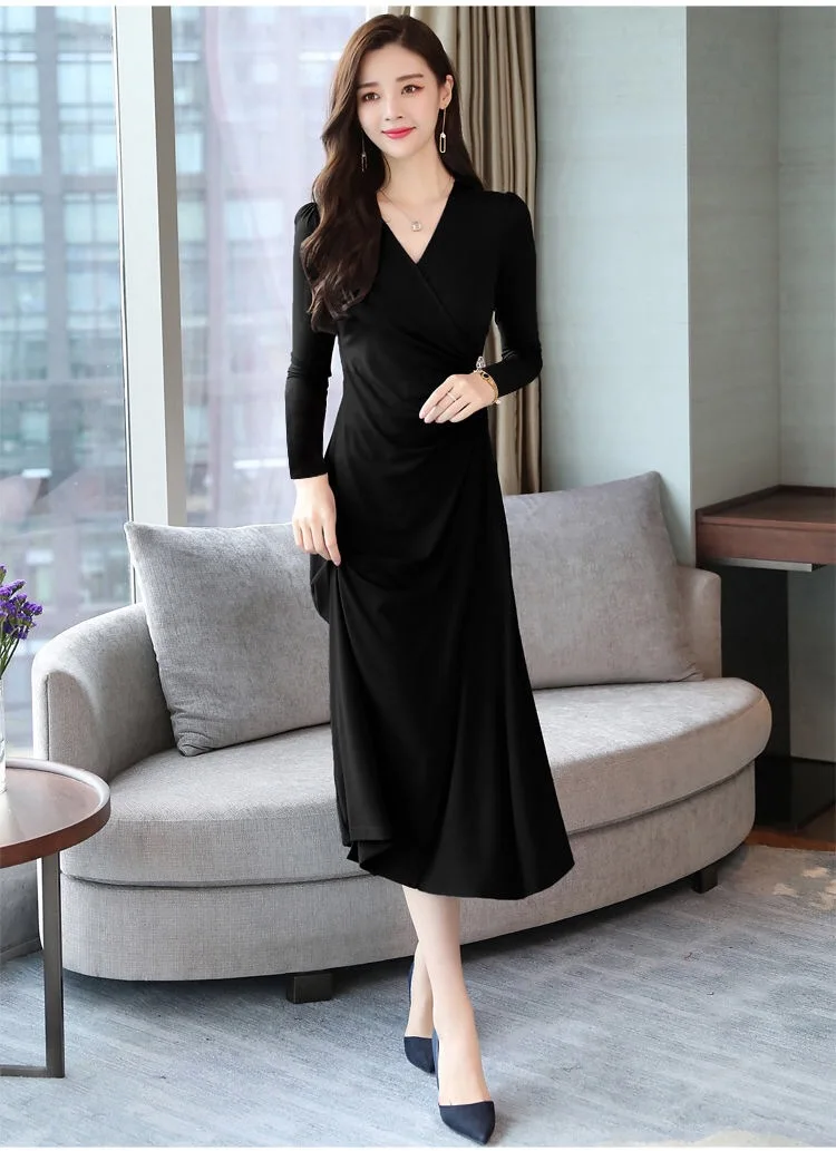 

Autumn new style long sleeve fashion temperament V-neck mid length dress women's slim banquet evening dress long