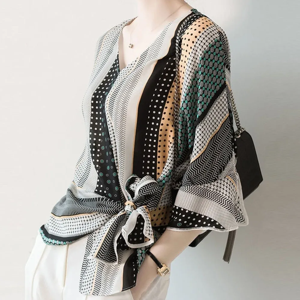 Винтажные топы и блузки с принтом корейские шикарные офисные дамские 2020 Летние