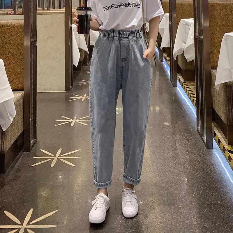 

Elastic waist jeans women's loose straight pants 2020 new high waist slim versatile radish Harlan father pants