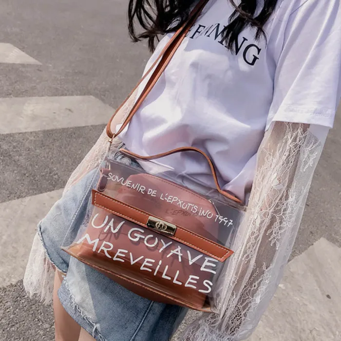 Women Composite Bags PVC Transparent Handbag Letters Printed PU Leather Purse Shoulder Bag-OPK