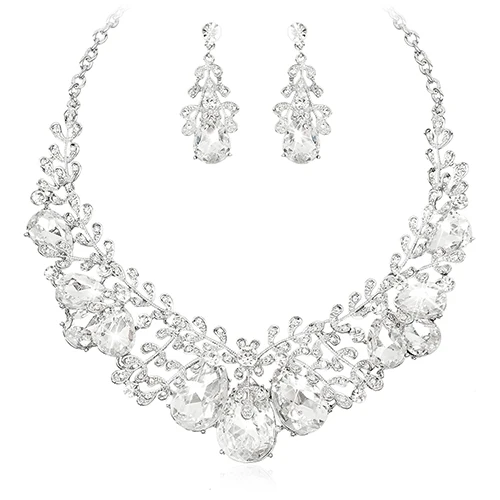 white in silver Мода Кристалл ожерелье серьги индийский роскошный свадебный ювелирный набор лист невесты свадебные украшения Рождественский подарок для женщин - Metal color: white in silver