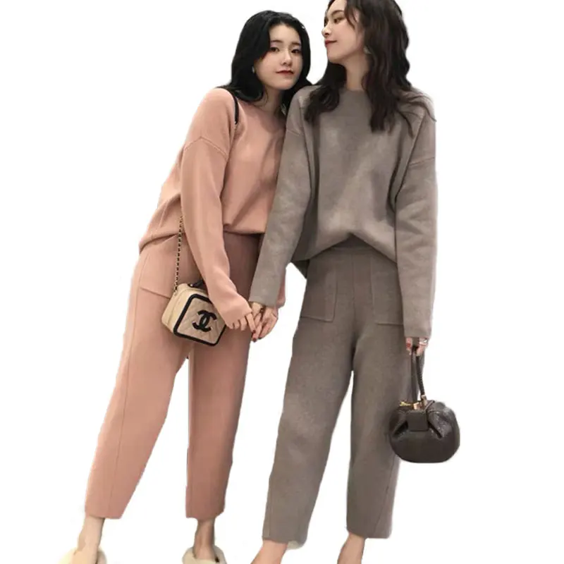 

Женский спортивный костюм из двух предметов, Модный облегающий вязаный костюм богини, повседневный Свободный Топ и штаны-шаровары, Осень-зима