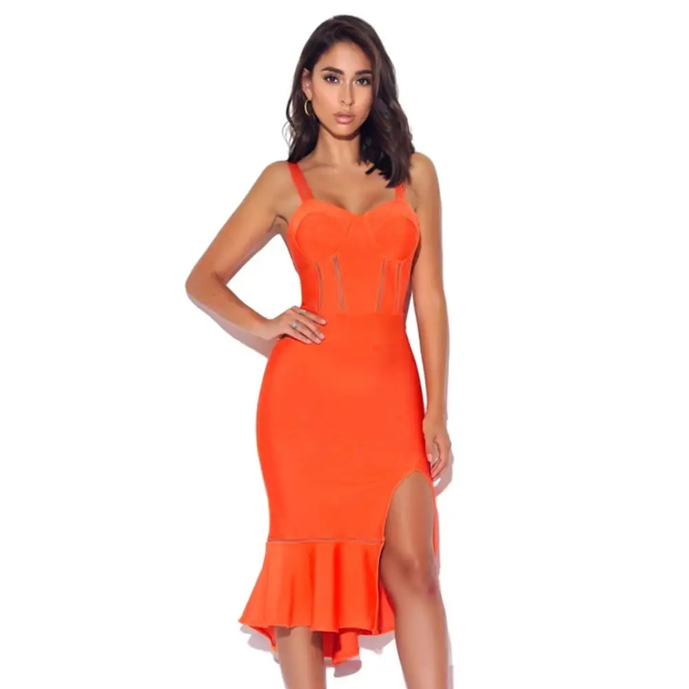 

Orange Color Ladies HL Bandage Dress Strap Sexy Bodycon Knee-Length Dress Sleeveless Fashion Celebrity Dress