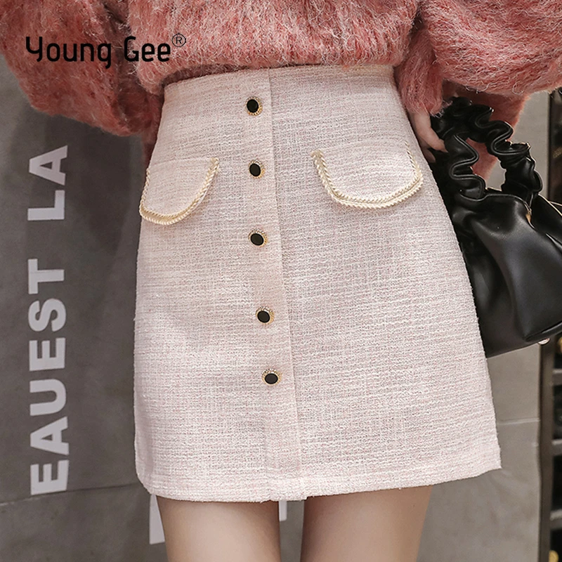 Женская твидовая юбка Young Gee дизайнерская шерстяная мини на одной пуговице Осень