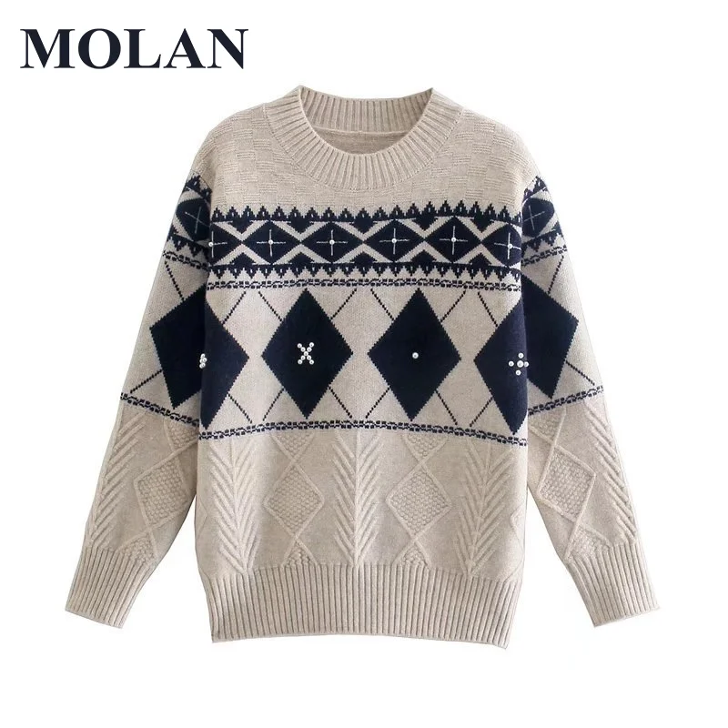 

MOLAN Retro Woman Sweater Vintage Long Sleeve Vintage Argyle O Neck Winter Casual Loose Knitted Sweater Warm Female Sweater